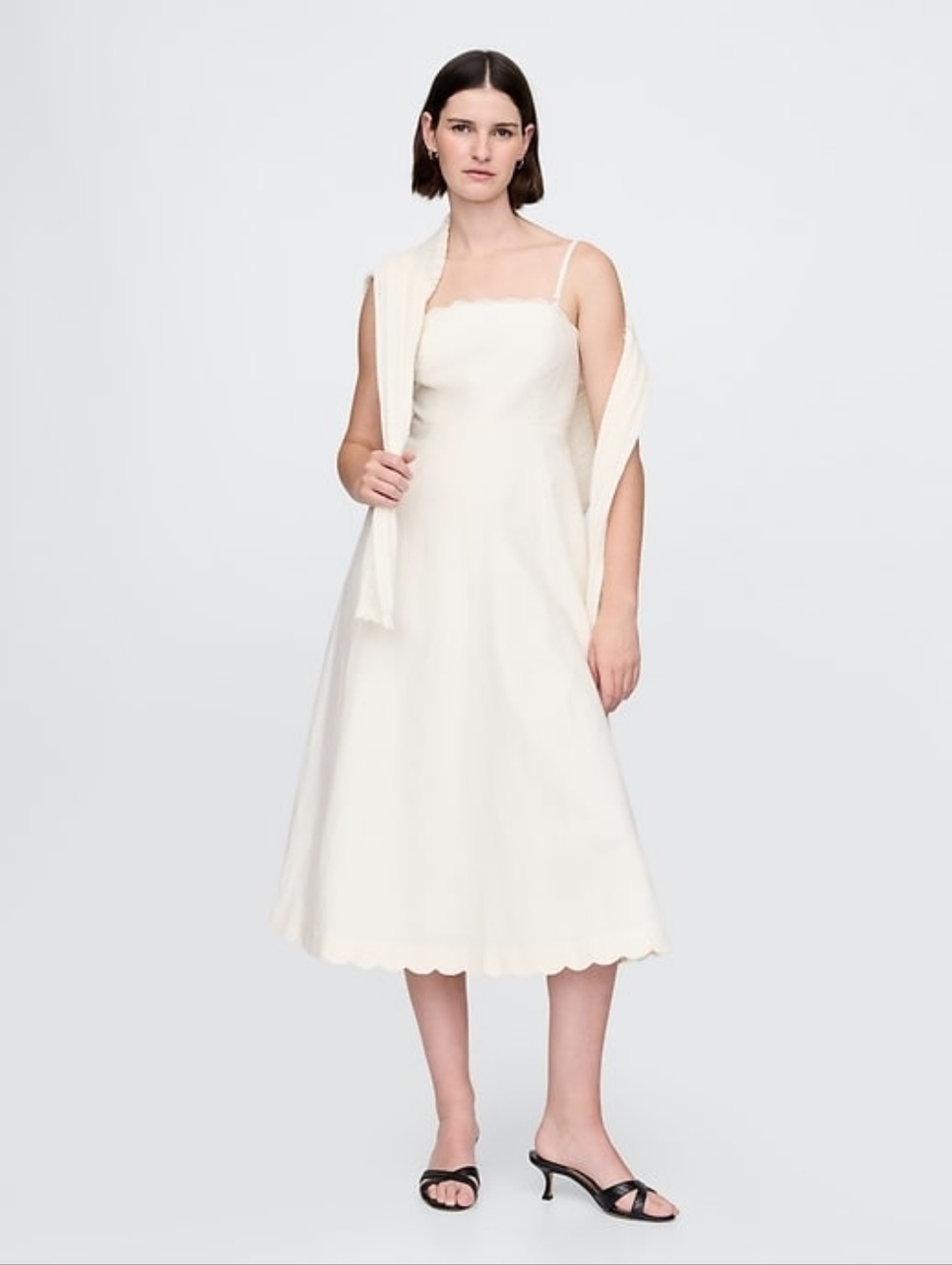 GAP - Linen Blend Scalloped Trim "New Off White" Fully Lined Midi Dress - Size L